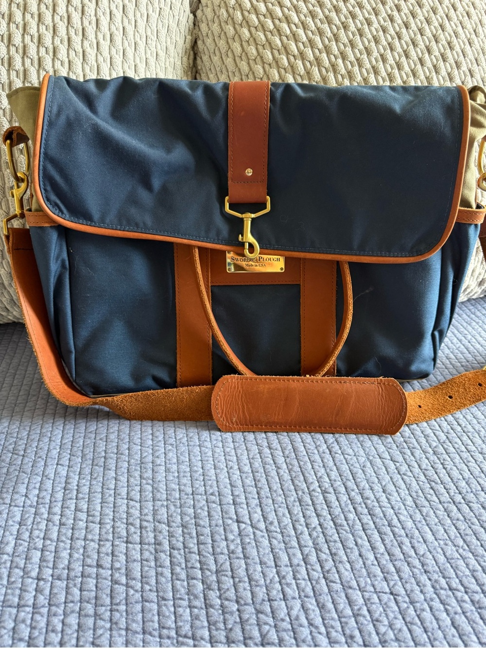 Sword & Plough USA Canvas & Leather Briefcase Messenger Bag Blue Tan